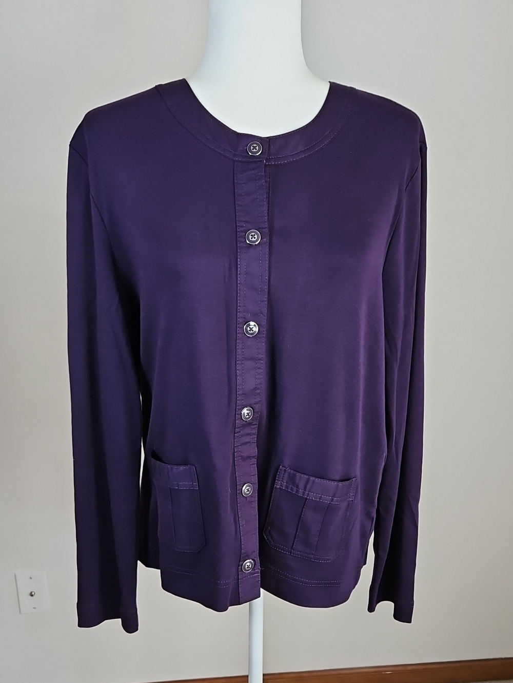Chaps 100% Cotton Button Up Cardigan Jacket Purple Pockets Layering Preppy XL